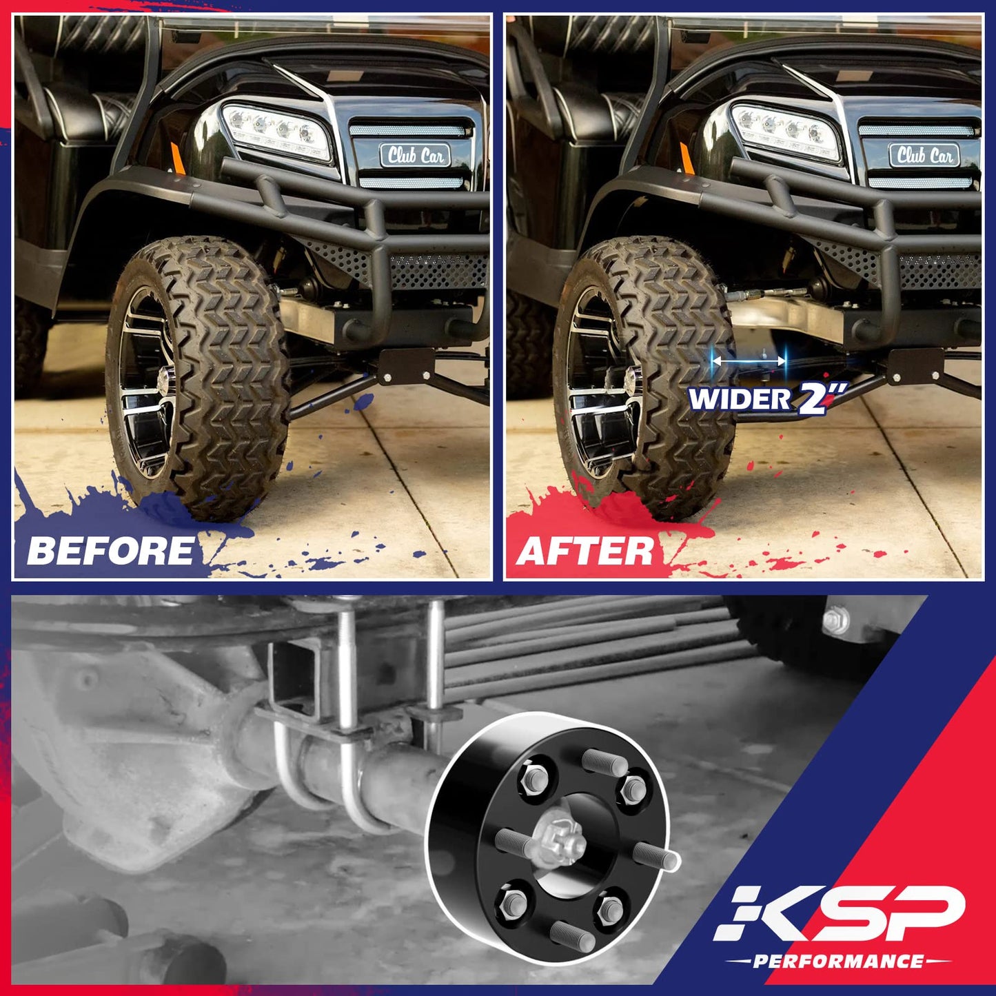 KSP 4X4 Wheel Spacers for Golf Cart EZGO Wheel Hub, 2"(50mm) Forged Tire Spacer fit Yamaha Club Car in 4x101.6 Bolt Pattern 62mm Hub Bore 1/2"-20 Thread Pitch, 4x100 Black Aluminum Wheel Adapters