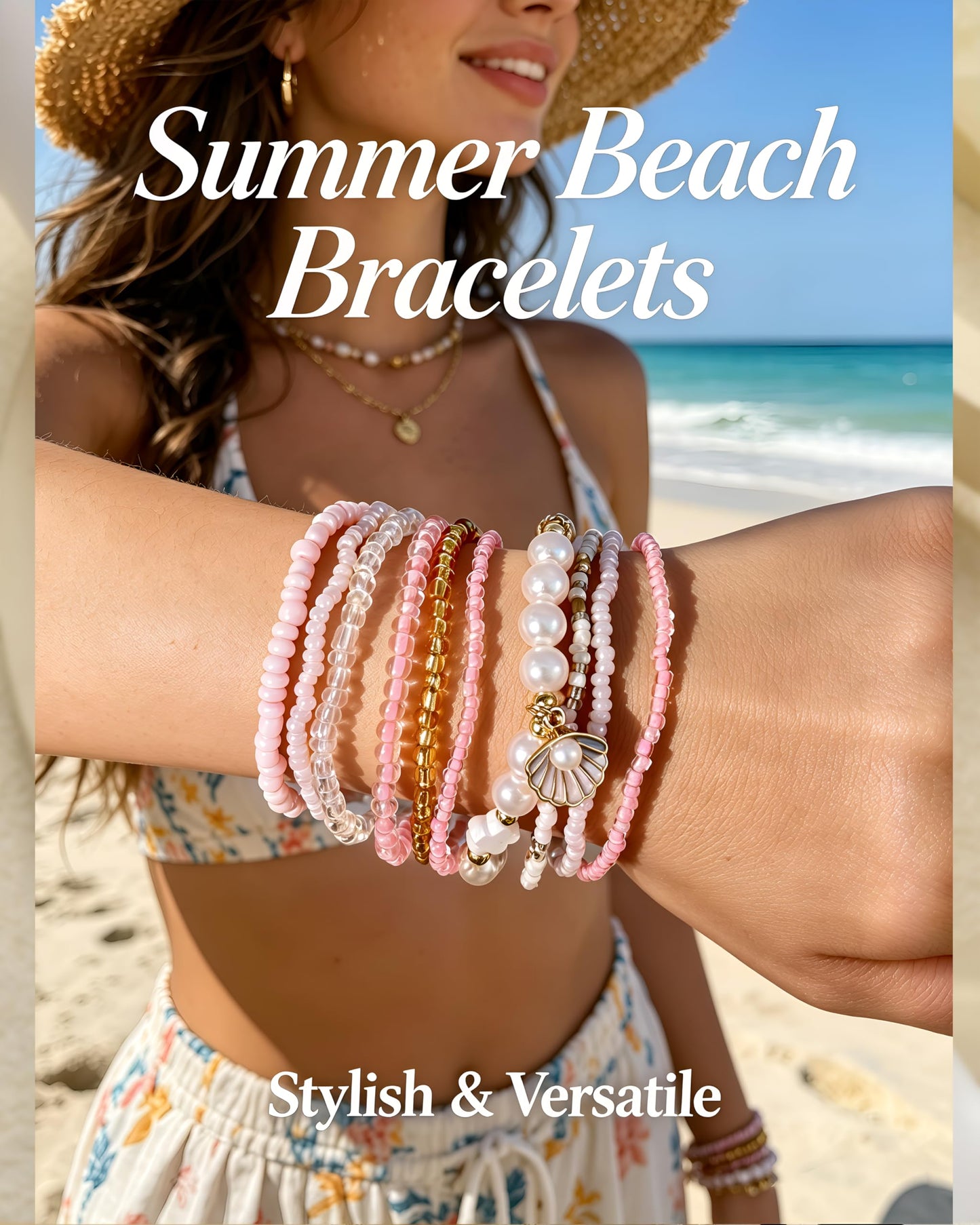 FAXHION Boho Gold Beaded Bracelets for Women, Starfish & Shell Pendant Bracelet Stack, Pink Bracelet Set Summer Beach Jewelry Gifts