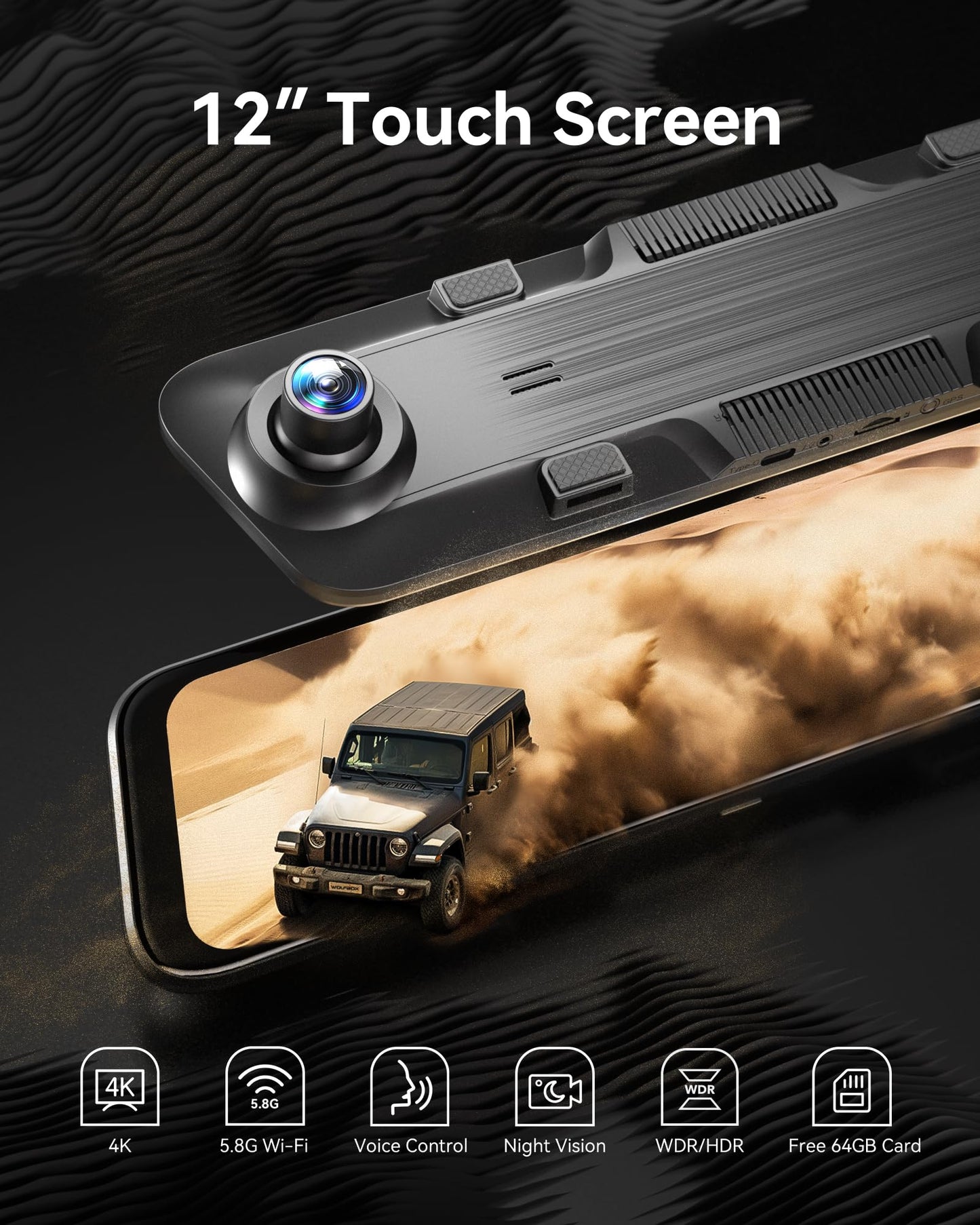 WOLFBOX 12" 4K Rear View Mirror Camera with 5.8GHz WiFi and Voice Control, Smart Mirror Dash Cam Front and Rear, Backup Camera with 1080P Rear Camera, Dash Cam with WDR, Includes 64GB Card & GPS
