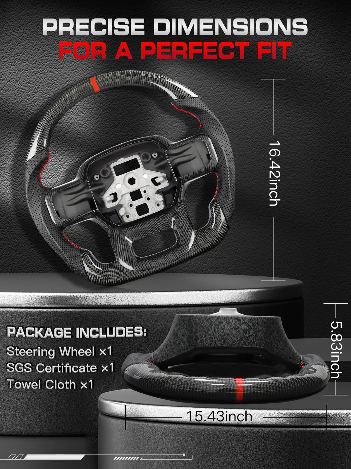 TESFEEL Real Carbon Fiber Steering Wheel for Ford F150 (2021-2025), D-Shape, Red Stripe & Stitching Nappa Leather, Includes Matching Trim, for F-150 XL, STX, XLT, SSV, Pro, Flash