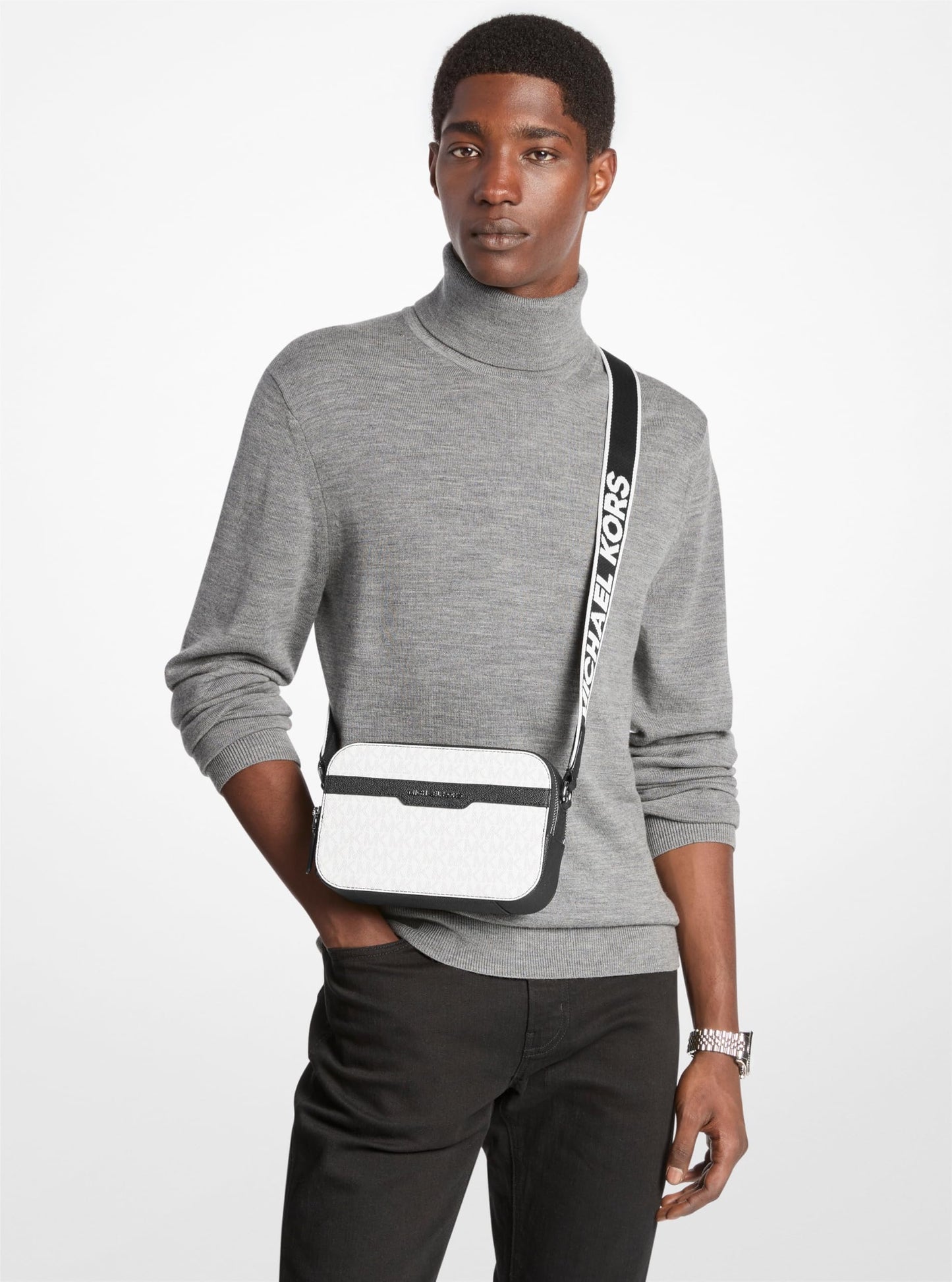 Michael Kors Hudson Double Zip Camera Bag, Light Gunmetal Hardware/Bright White Signature