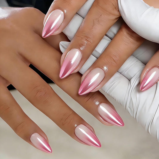 Ombre Hot Pink Press On Nails Almond - KQueenest Chrome French Press On Nails Medium, Glazed Soft Gel Fake Nails Press ons, Glitter Glue on Nails Medium Stiletto, Stick On Nails for Women, 24 Pcs