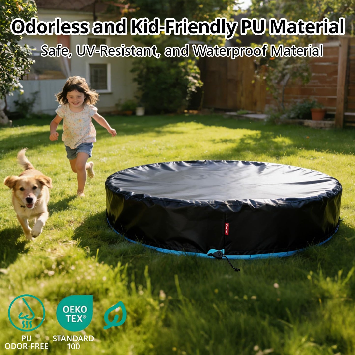 QH.HOME 55.1 inch Kiddie Pool Cover Round, Collapsible Dog Pool Cover with Super Windproof Ratchet Design, Odorless Waterproof Fabric Material and - Only Cover
