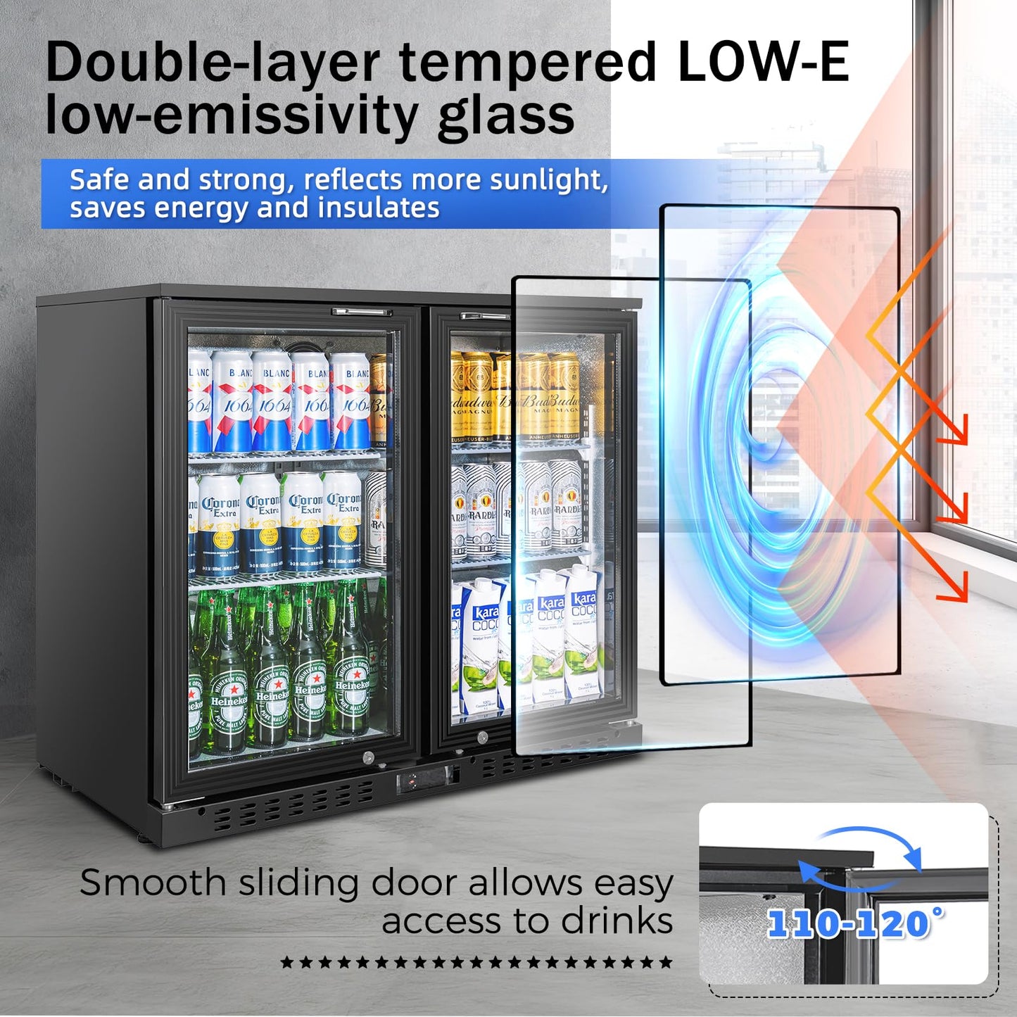 BINGERMA Back Bar Cooler with 2 Glass Doors Commercial Under Counter Beverage Refrigerator 7.4 Cu.ft. ETL Black Drink Fridges for Bar,Office,Convenience Stores