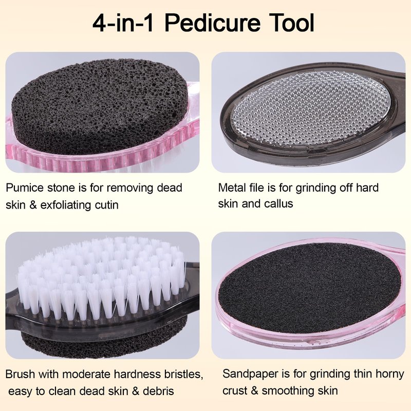 YIOYOODA Foot Brush and Pumice Stone for Feet, 4-in-1 Foot File Callus Remover, Feet Scrubber Brush, Rasp and Sand Paper Pedicure Tools, Multi Purpose for Home Foot Care, 2 Pcs, Clear Black and Pink