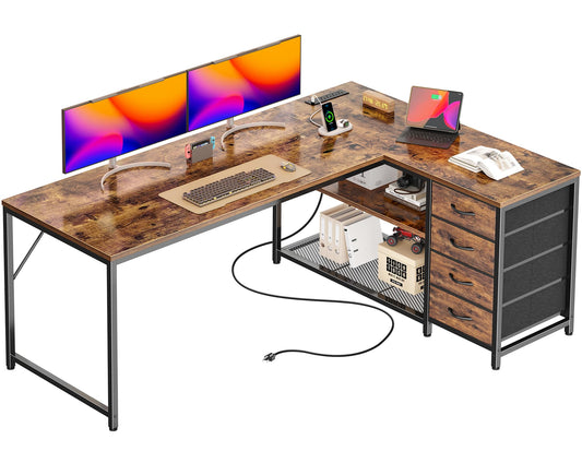 PRAISUN 61" L Shaped Desk with Power Outlets and USB-C Port, Reversible Computer Corner Office Desk with 4 Fabric Drawers and 2 Height-Adjustable Shelves, Large for Gaming Writing Study, Rustic Brown