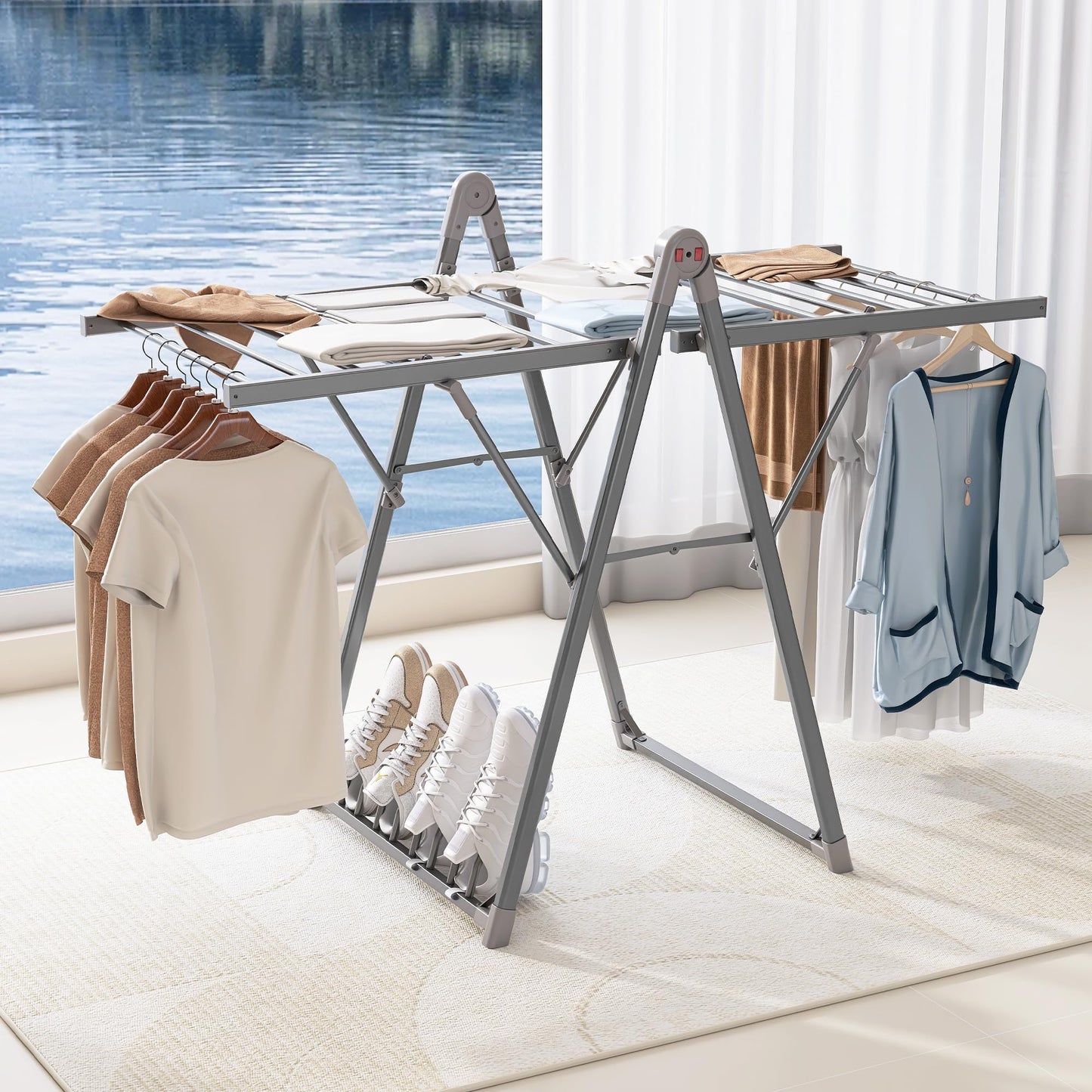 SHARNDY Electric Heating Clothes Drying Rack,Foldable Clothes Drying Rack,Suitable for Drying Clothes, Shoes and Socks.Plug & Play,Space Gray,Aluminum Alloy,One-Click Switch(39.37×52.56×25.98in)