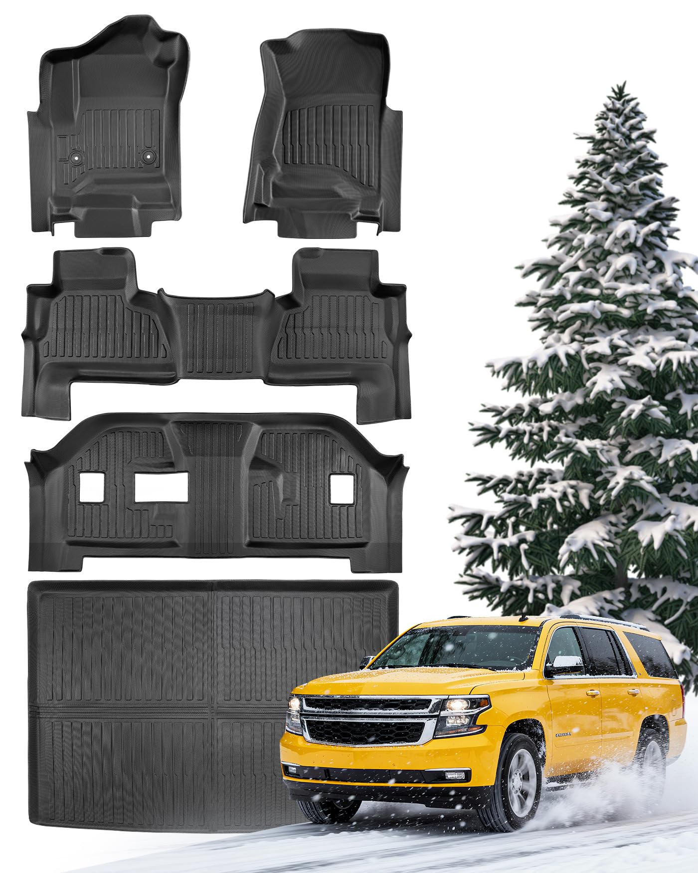 Car Floor Mats for Chevy Suburban: 2015–2020 8-Seater Only (2nd Row with Bench Seat) with Cargo Liner, Fits for GMC Yukon XL, Full Coverage All-Weather TPE Waterproof Accessories, Gift for Men