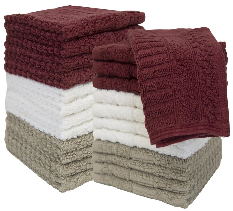 PH Pleasant Home Diamond Wash Cloths Set - 12 Pack (12” x 12”) – 509 GSM - 100% Ring Spun Cotton Wash Cloth - Super Soft and Highly Absorbent Face Towels (Maroon, White & Tan)