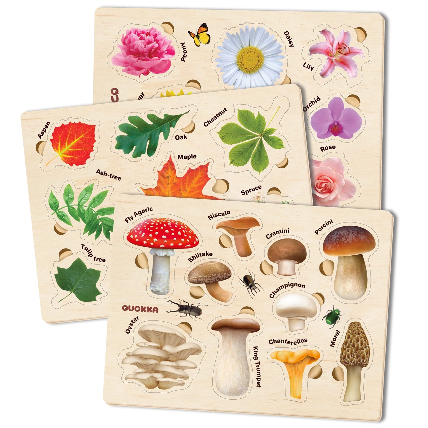 QUOKKA Wooden Puzzle Bundle – 9 Montessori Puzzles with Rack for Toddlers Ages 2–5 – Alphabet, Numbers, Animals, Mushrooms & Leaves – Educational Preschool Toys for Boys & Girls