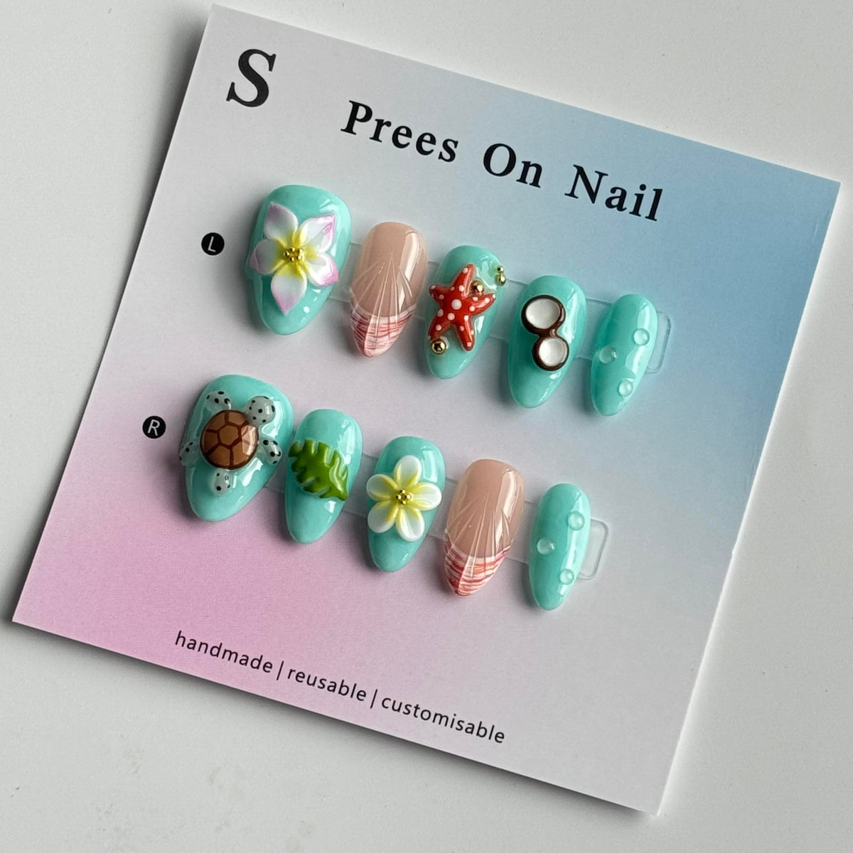 Handmade Press on Nail Short Almond Fake Nails Blue Press ones with Sea Star Turtle Flower designs 3D False Nails Full Cover Cute Glue on Nails French Tip Stick on Nail for Women Beach10pcs（s size）