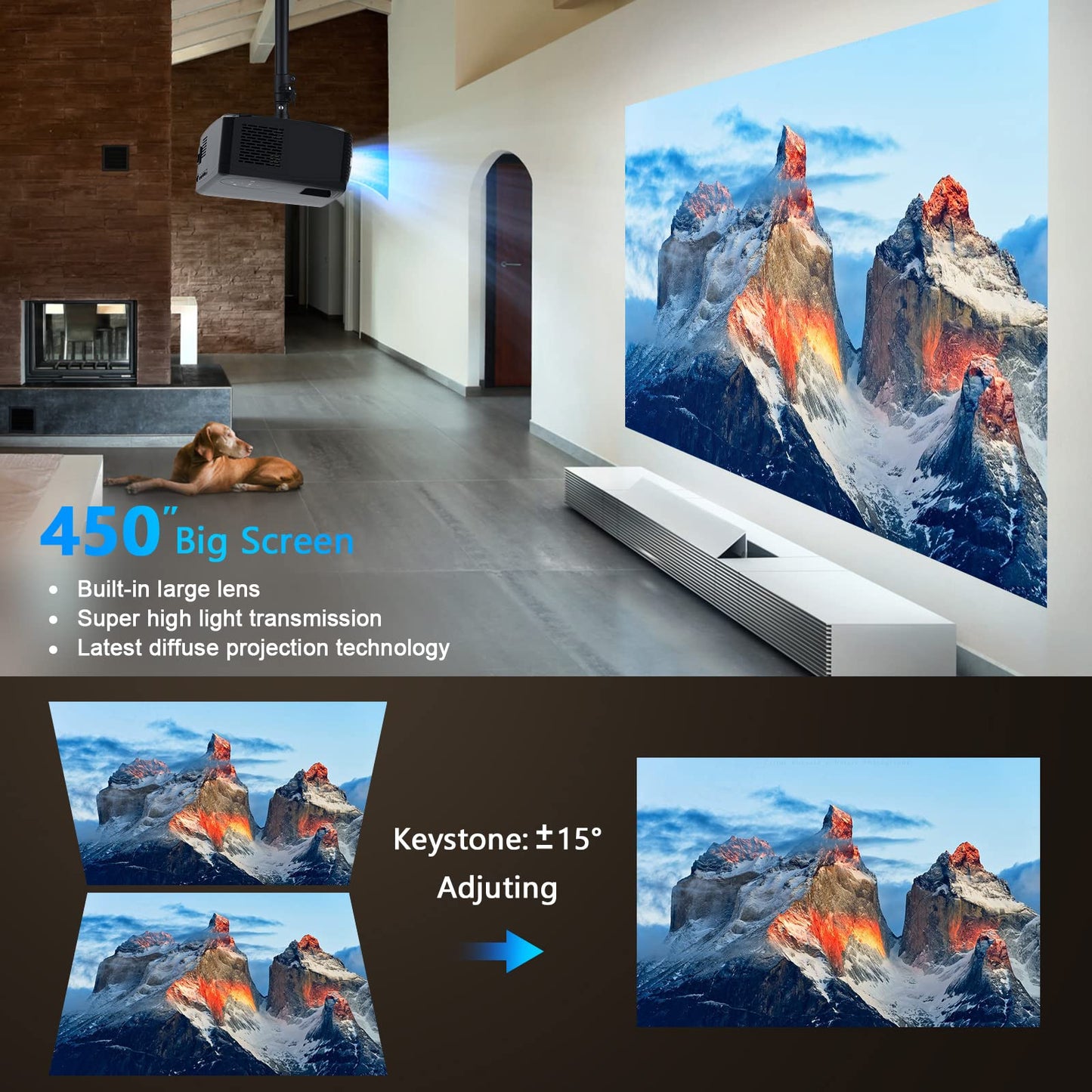 Native 1080P 5G WiFi Bluetooth Projector, AILESSOM 20000LM 450" Display Support 4K Movie Projector, High Brightness for Home Theater and Business, Compatible with iOS/Android/TV Stick/PS4/HDMI/PPT/USB