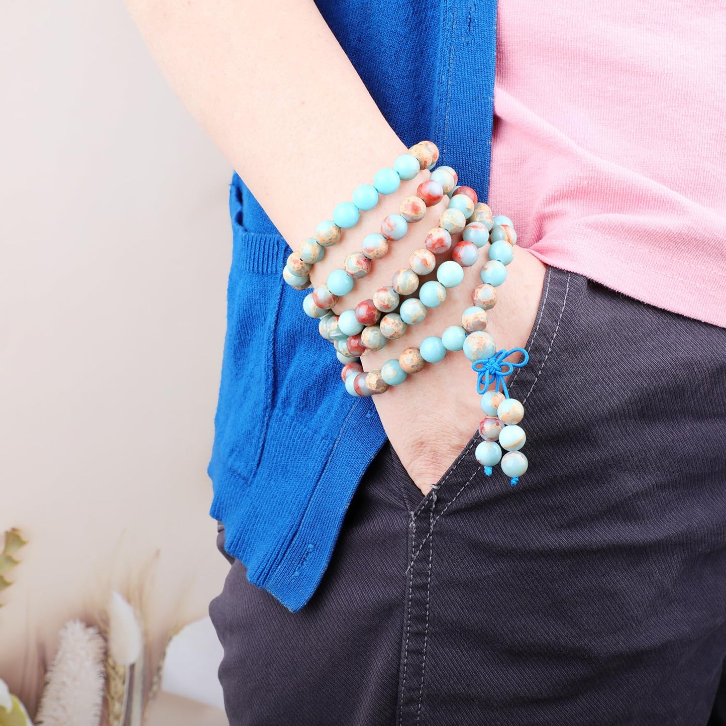 AD Beads 8mm 108 Prayer Mala Amazonite Elastic Bracelet - Unlock Your True Self - Handmade Yoga Meditation Healing Power Energy Gifts for Unisex Adult.