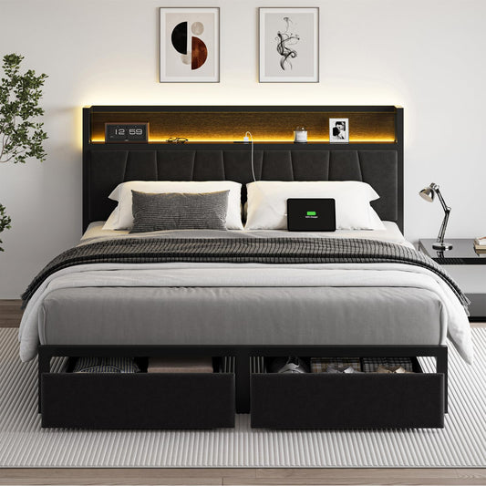 CIKUNASI Queen Size Bed Frame with Headboard and Storage Drawers Platform Bed Frame with Storage Chargin Station LED Light Bedframe Heavy Duty No Box Spring Needed