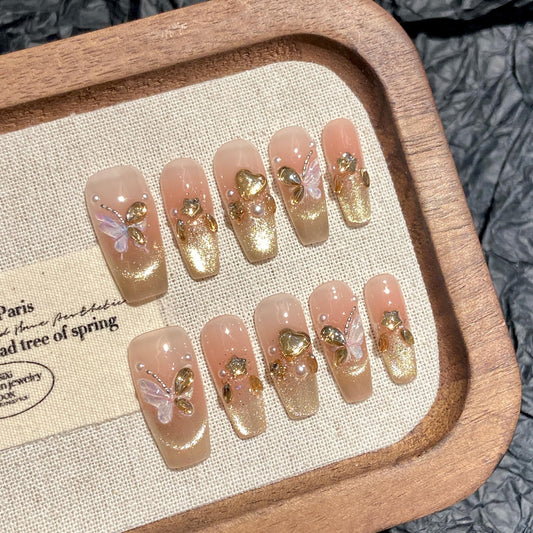 Yacey Handmade Press On Nails – Medium Coffin False Nails for Women, Reusable Acrylic French Tip with Pearl & 3D Buttterfly Cat Eye Design – Salon Quality Fake Nails (10PCS, M）