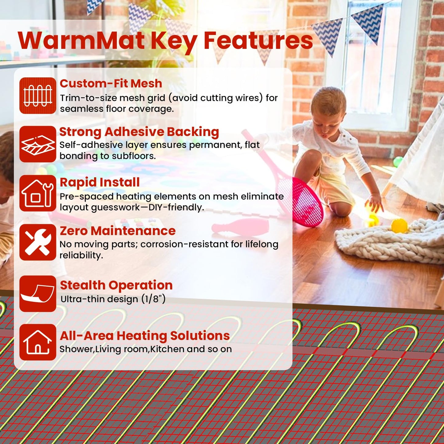 20 sqft HEATIT Warmmat Electric Radiant Self-Adhesive Floor Heat Heating System & ET-7A Thermostat & Alarm Monitor