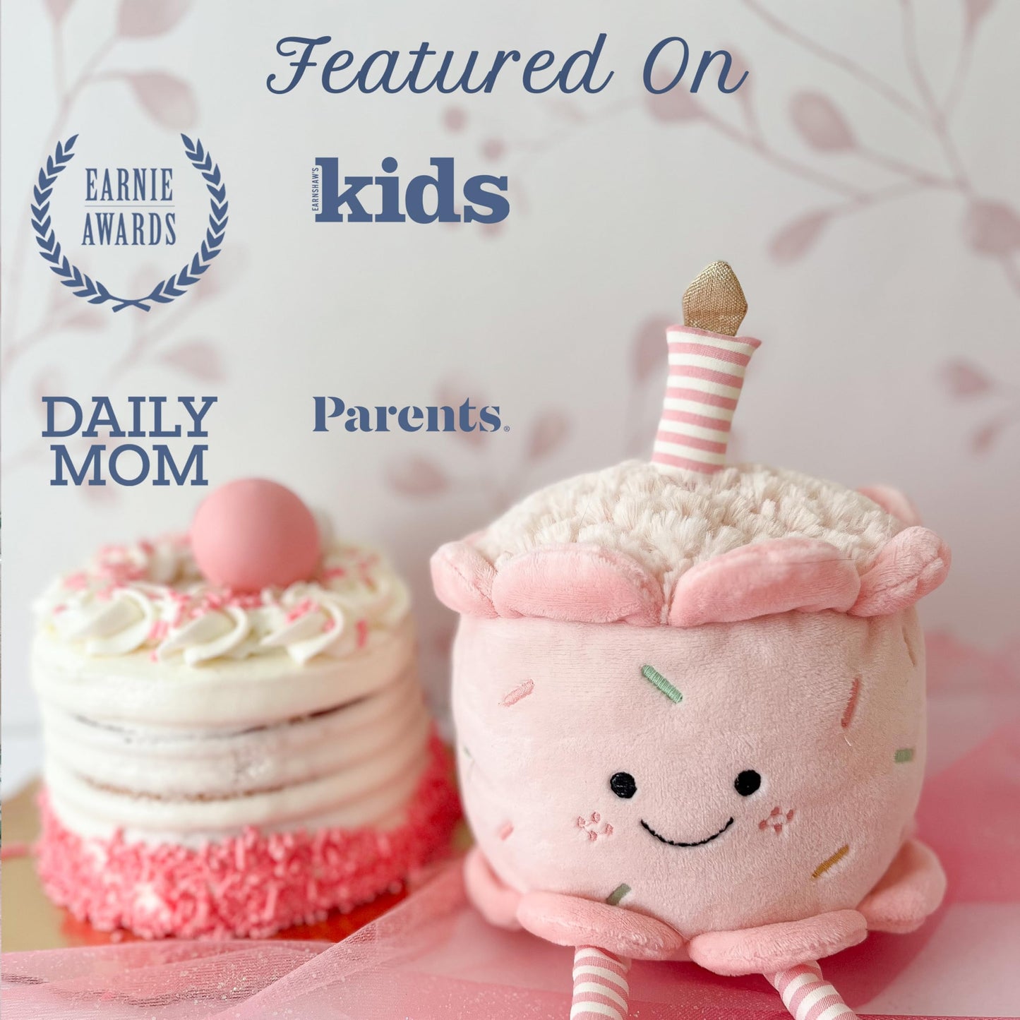 MON AMI Stuffed Birthday Cake Plush Toy | 11-Inch Pretend Play Plush Dessert | Soft Adorable Party Cake for Toddlers & Kids Nursery Décor
