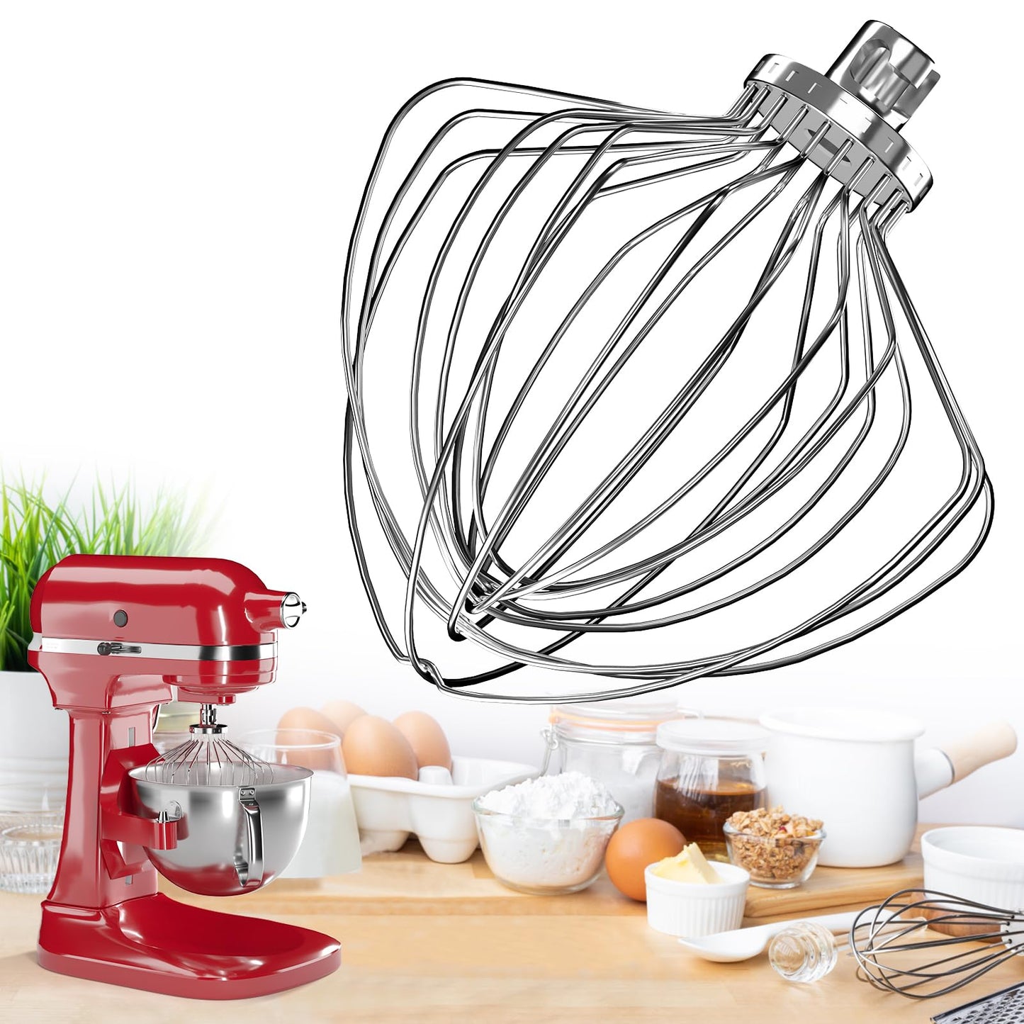 KN211WW Stainless Steel 11-Wire Whip Attachment for KitchenAid Bowl-Lift Mixer 7 Quart Bowl, Stainless Steel Whisk Replacement for Kitchen Aid Mixer, Dishwasher Safe, Egg Heavy Cream Beater.