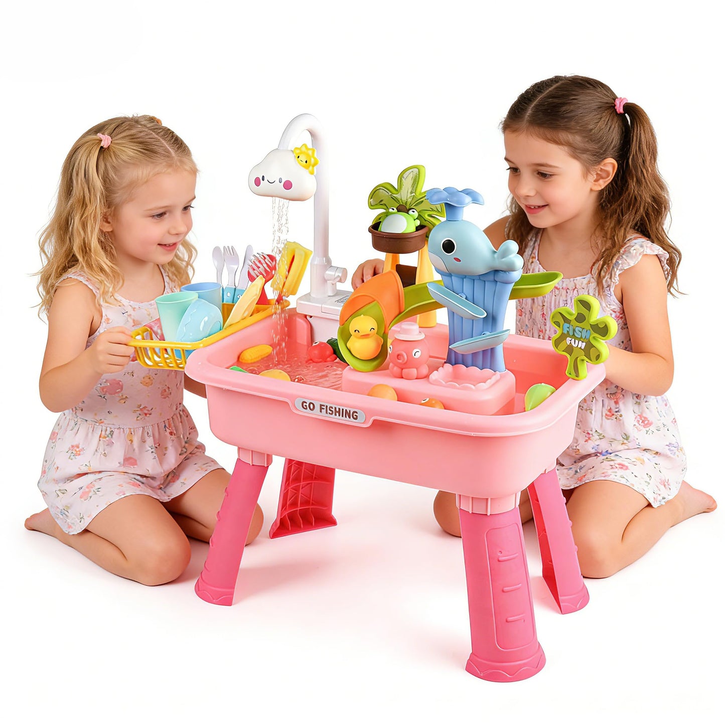 AZTWMYS Upgraded Toddler Sand Water Table Toy with Electric Water Pump, Kids Sand Water with Faucet/Play Food Accessories/Fishing Toy, Kitchen Play Sink Toys for Girl Boy Age 3+ (Pink)