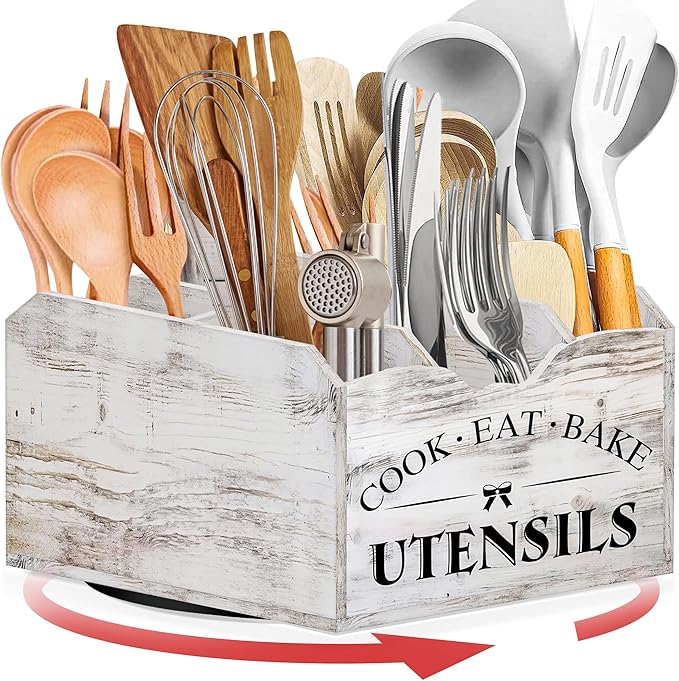 [Upgraded] Extra Large Kitchen Utensil Holder for Countertop with 360Â° Rotating Base, 6 Compartments, Removable Divider, Wooden Utensil Organizer for Countertop, Farmhouse Kitchen Decor