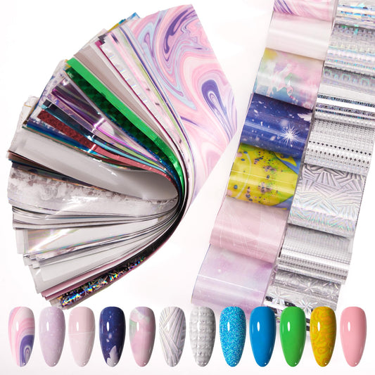 DANNEASY 300 Sheets Holographic Nail Foils Film, Iridescent Nail Art Transfer Foil Stickers Gold Metallic Neon Foil Paper Sheets Starry Sky Star Design Sticker for Nails Decoration Supplies