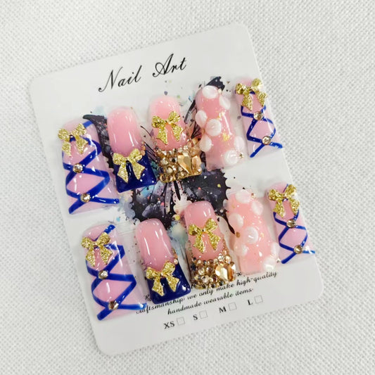 10Pcs Press on Nails Long Duck Handmade Fake Nails Blue French 3D Gilded Bow False Nails with Rhinestones Designs Reusable Artificial Luxury Acrylic Nails Press ons for Women Manicure (Size M)