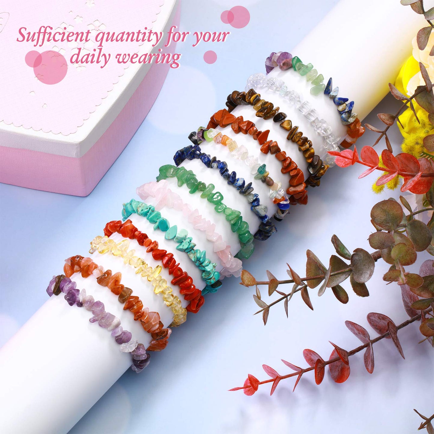 Hicarer 15 Pieces Natural Gemstone Bracelets Irregular Chips Beads Stretch Bracelets Spiritual Healing Chakra Crystal Jewelry for Women