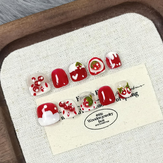 TENPAL Handmade Press on Nails for 3-12 Year Olds Girls,Resuable Gel Fake Nails with Tools for Children,Cute Nails with Lovely Strawberry Designs,Short Nails for Girls Kids Nail Art 10pcs Size(XS)