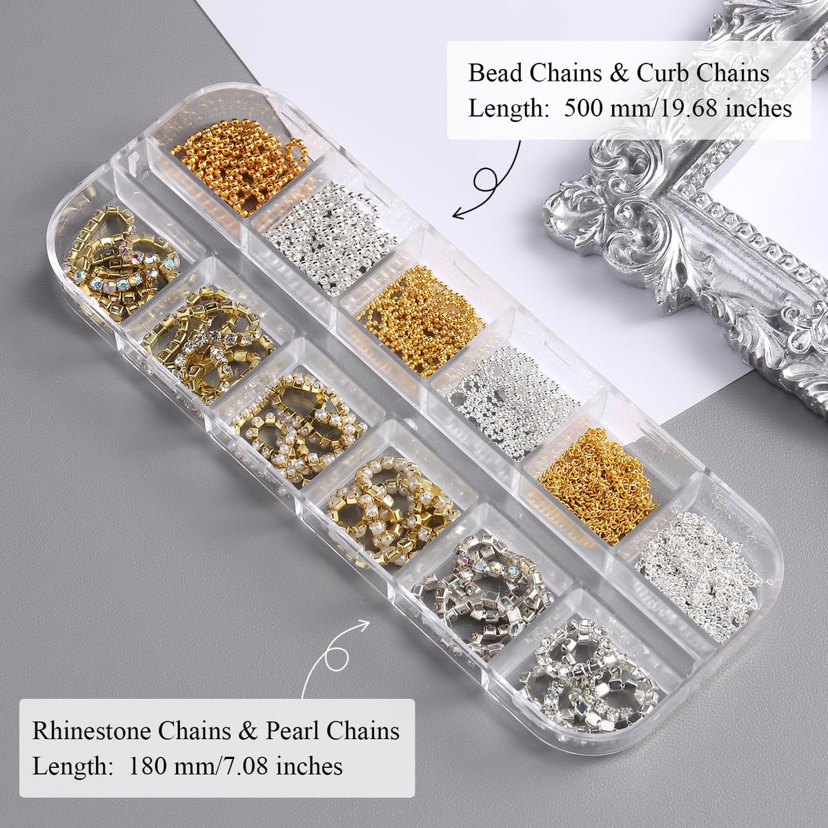 Furtherpretty 3D Chain Nail Charms Set, 12 Strips Gold Silver Metal Bead & Pearl Rhinestone Chains for Nails, Y2K Gothic Punk Dangle Nail Charms Piercing Decorations Accessories Manicure Supplies