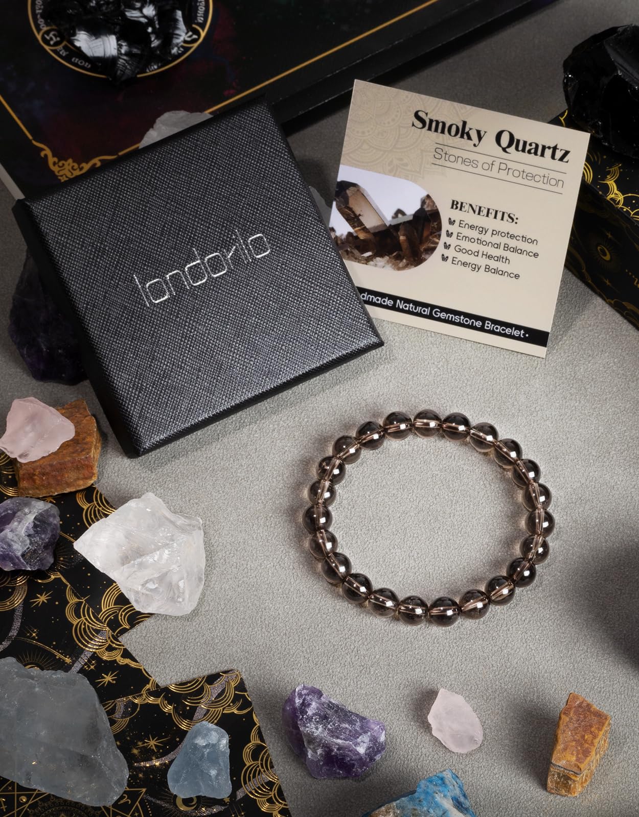 Landorilo Beaded Bracelet for Men Women, 8mm Natural Stone Smoky Quartz Healing Crystal Stretch Bracelets, Ideal Christmas Birthday Jewelry Gifts with Energy Card，Replacement Beads Included