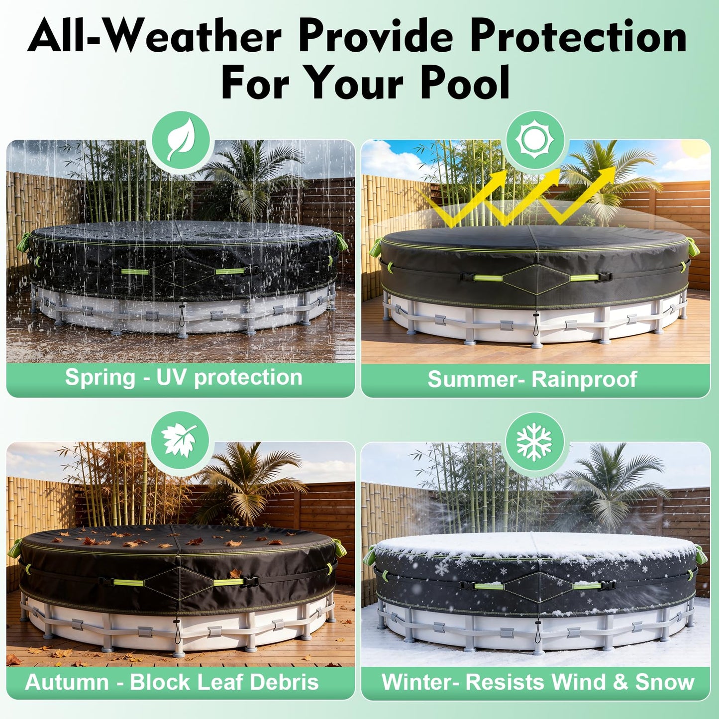 12Ft Round Pool Cover for Above Ground Pools, Safety Solar Pool Covers with Reflective Strips, Rope and Luminous Nails, Upgraded Thicker Oxford, PU Tarp Snug, UV Protected, Windproof, Tear Resistant
