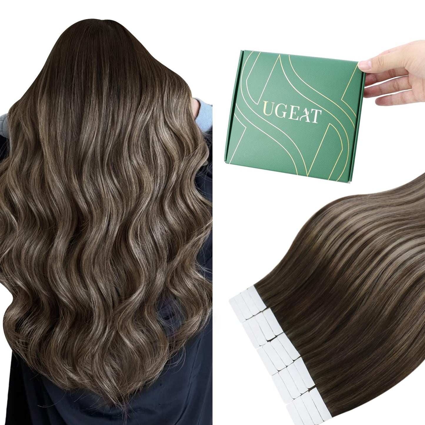 Ugeat 18 Inch Tape in Hair Extensions Human Hair Balayage Invisible Tape in Human Hair Extensions Ombre Dark Brown with Ash Blonde Hair Extension Tapes ins Easy to Use for Women 20Pcs 50G