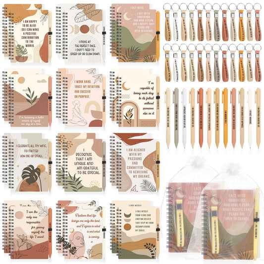 Funrous 72 Pcs/24 Set Positive Motivational Gift Set for Women Bulk Gratitude Spiral Journals Notebooks Affirmation Pens Keychains for Teacher Appreciation Coworker Nurse Adult Party Favor (Boho)