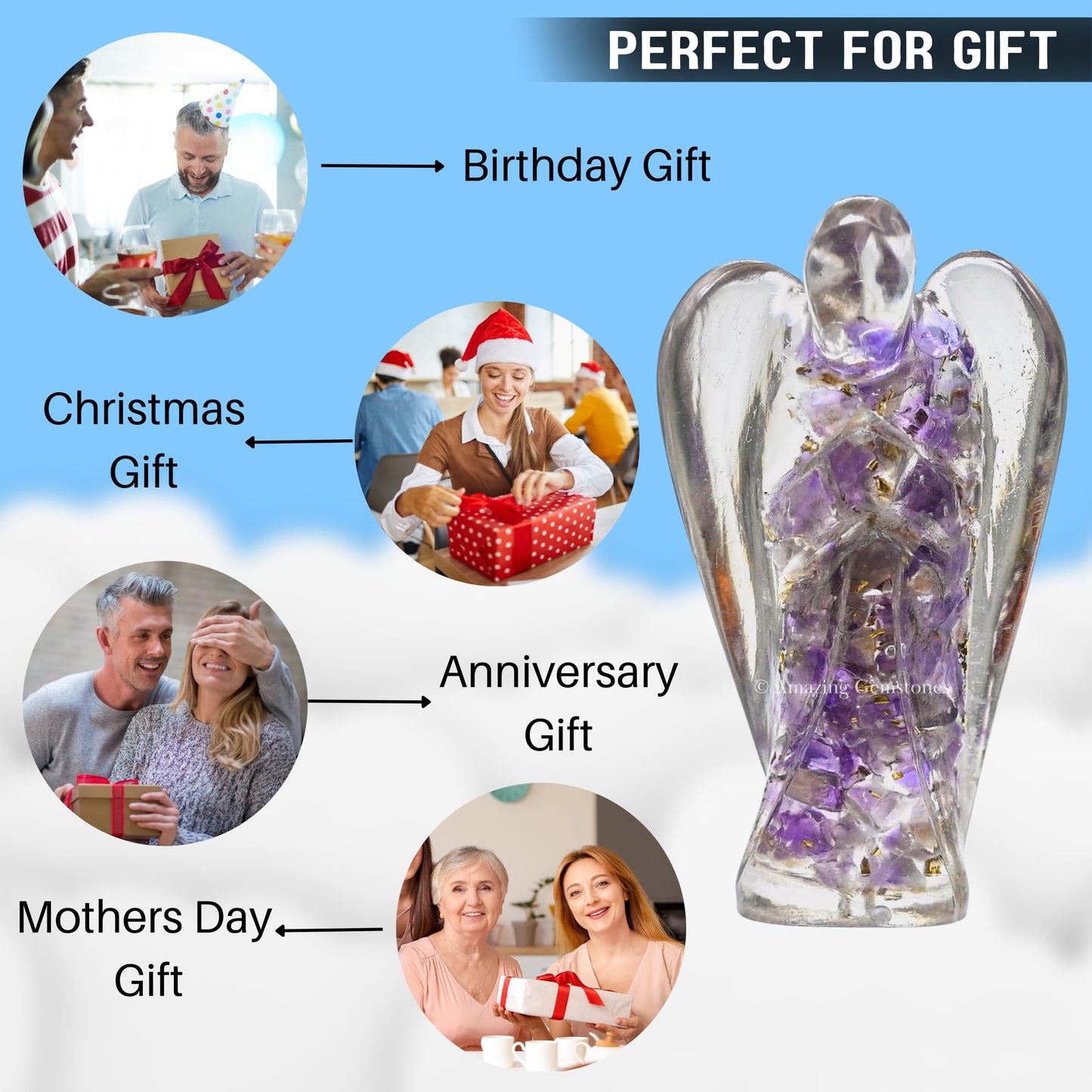 Amazing Gemstone Amethyst Guardian Angel Figurine Pocket Crystal Angel for Protection - Orgone Guardian Angel with Orgonite Layer and Natural Crystal for Healing Gift (2 Inch, Organite)