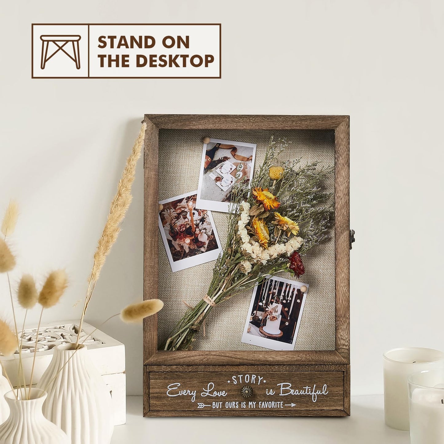 AW BRIDAL 11X16 Large Shadow Box Picture Frames Deep Shadow Boxes Display Cases with Removable Shelves and Drawers, Brown Wooden Memory Boxes for Keepsakes with Slot Christmas Decorations Gifts