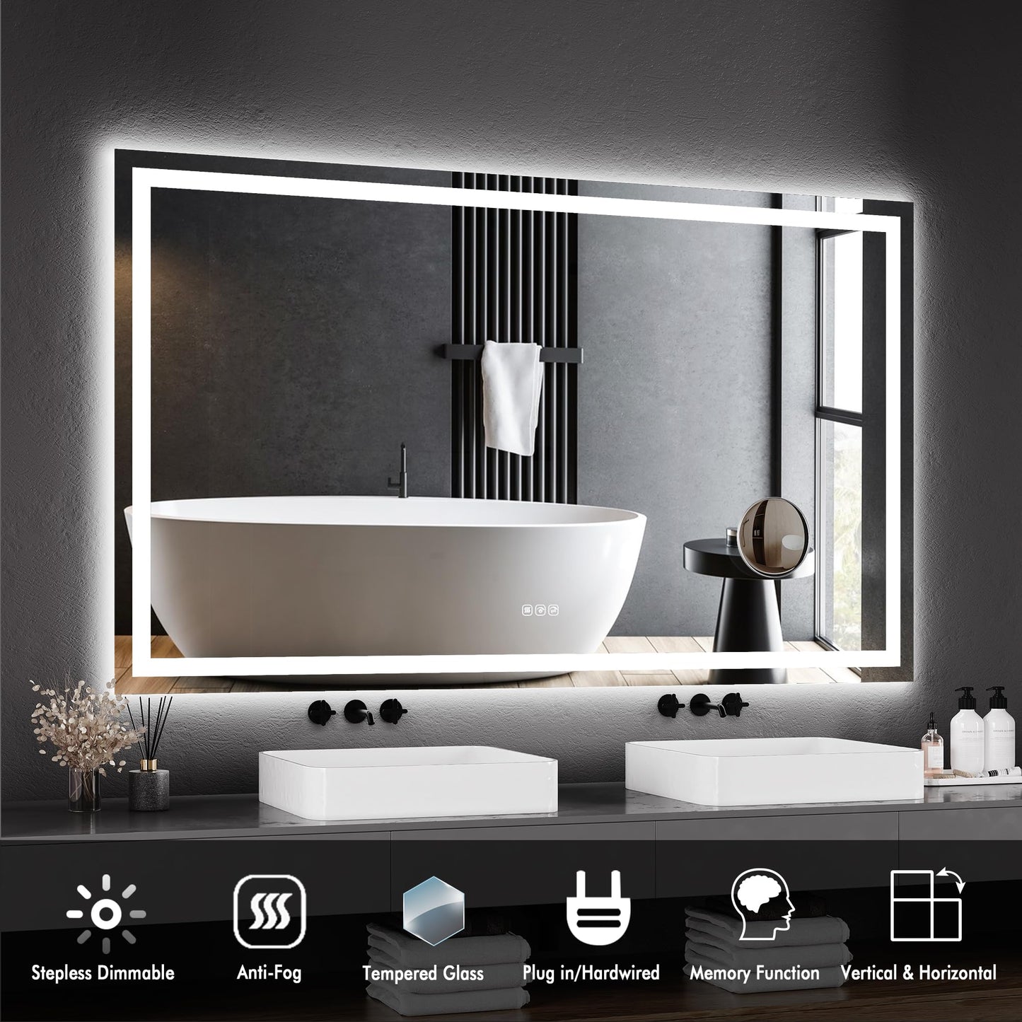 PeakPursuit 60x36 LED Bathroom Vanity Mirror with 3X Mirror, Anti-Fog, 3X Mirror, Backlit + Front Lit, Memory Function, Shatterproof Tempered Glass, Smart Wall-Mount Makeup Mirror