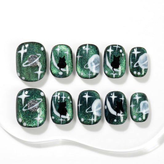 Sun&Beam Nails Handmade Press On Nail Medium Short Magnetic Cat Eye Fake Tip 3D Design Art Charms Cute Cat and Moon with Storage Box 10 Pcs (S)