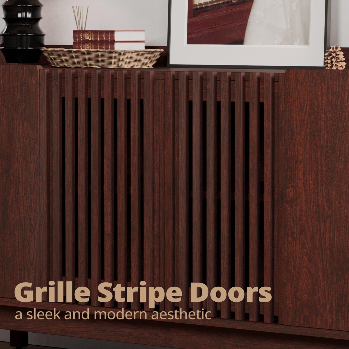 IRONCK Storage Cabinet, Buffet Cabinet with Grille Doors and 2 Adjustable Shelves, Mid Century Sideboard for Kitchen, Dining Room, Entryway（Natural Red Walnut）
