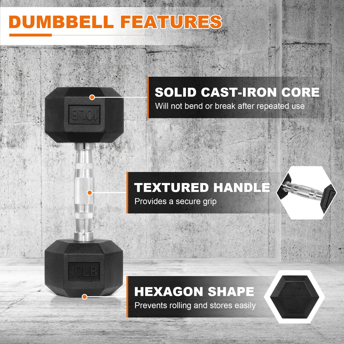 Fitvids 150LB Rubber Encased Hex Dumbbell Weight Set Contoured Handle for Muscle Toning, Strength Building & Full Body Workout
