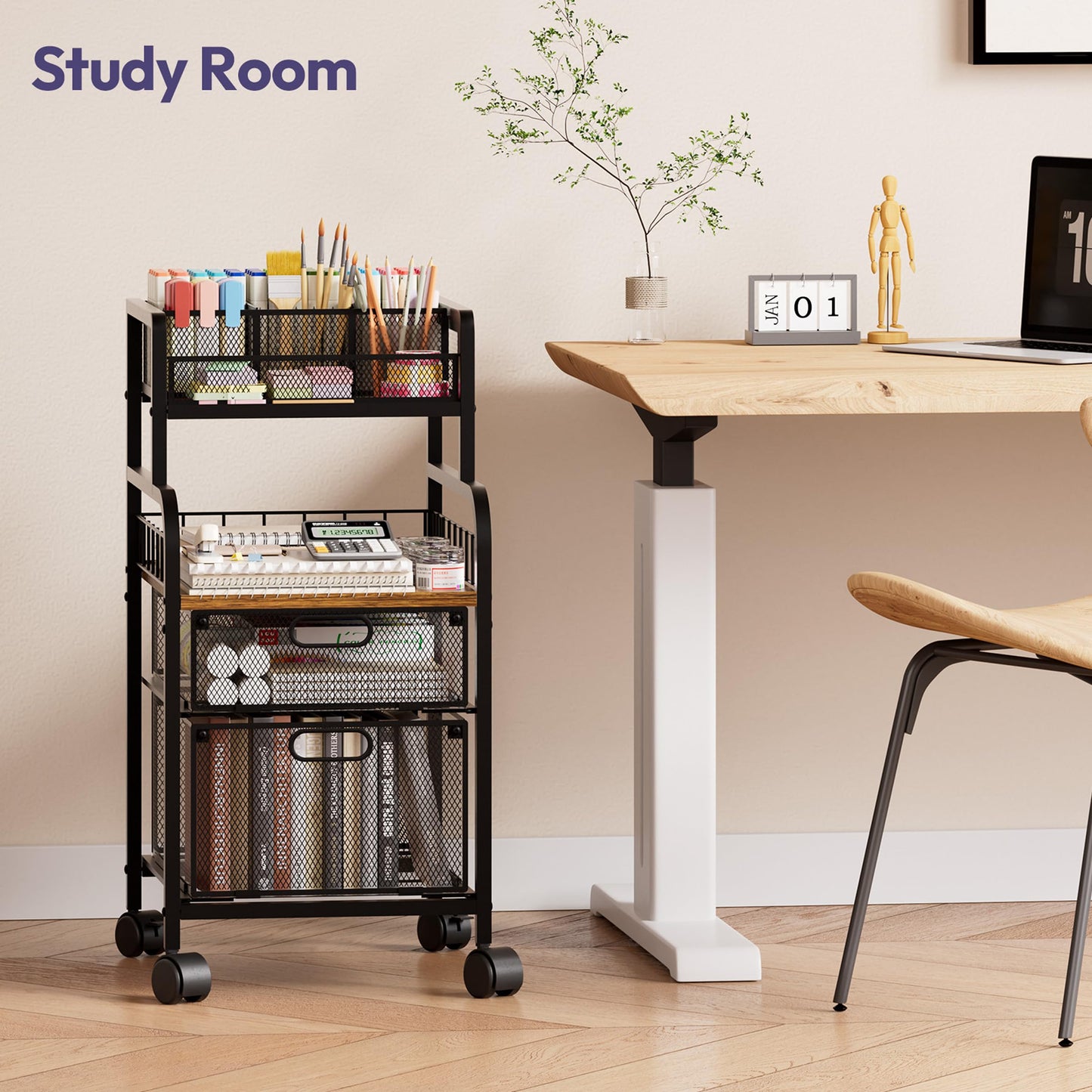 SWTYMIKI Rolling Cart with Drawers - Metal Utility Cart with Wood Shelf, DIY Divider and Locking Wheels, Craft & Art Cart Organizer for Under Desk Storage for Home Office Studio, Espresso