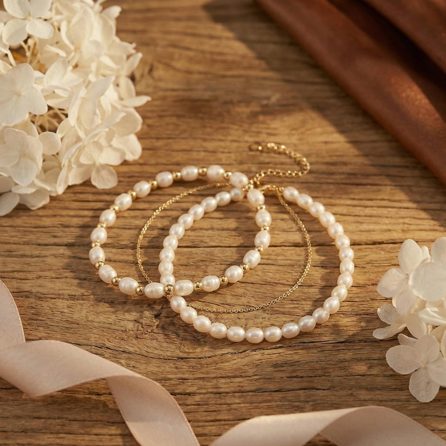 Pearl Bracelets for Women - 3 Pcs Gold Tone Dainty Beaded Bracelet Set - Minimalist Layered Simulated Pearl Link Chain Jewelry for Wedding Bridesmaid Party (White & Gold)