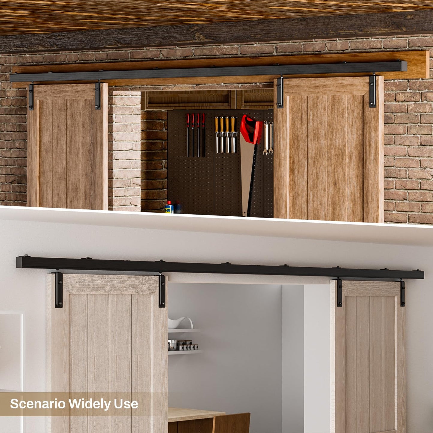 8FT/96'' Box Rail Exterior Sliding Barn Door Hardware Kit for Double Door Aluminium Alloy Wall Mount, Heavy Duty, NO Door Panel