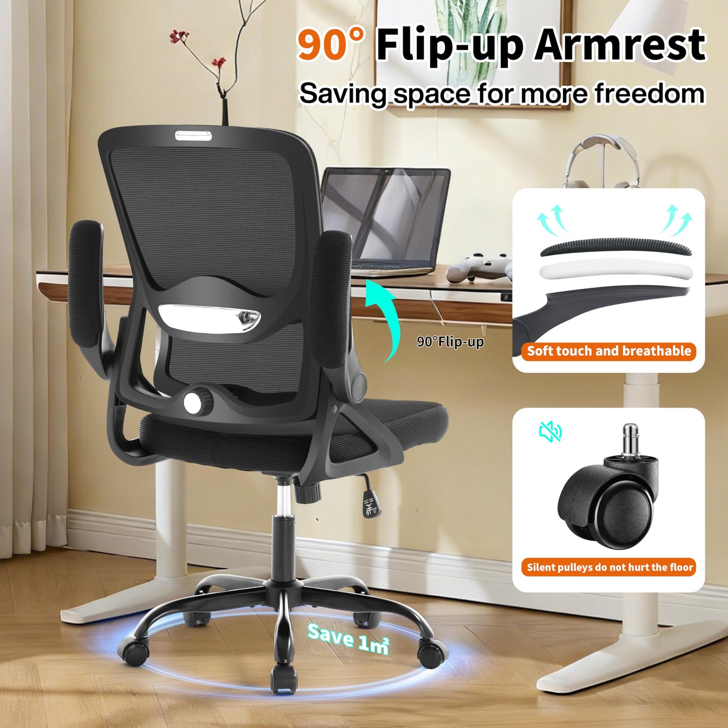 Nexthro Ergonomic Office Chair,Mesh Office Chair with Lumbar Support,Mid Back Desk Chair with Flip-up Arms,400 lbs Comfy Computer Chair for Home Office