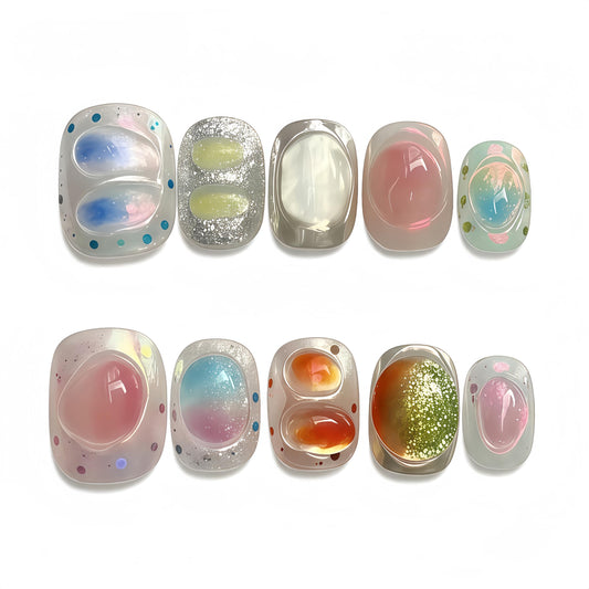 Fine Point Handmade Salon-Quality Fake Nails, Short Press On Nails with 3D Jelly Glitter Design, Acrylic Nails in Pastel Colors, Squoval Candy Tips, Iridescent Y2K Style (Size Medium)