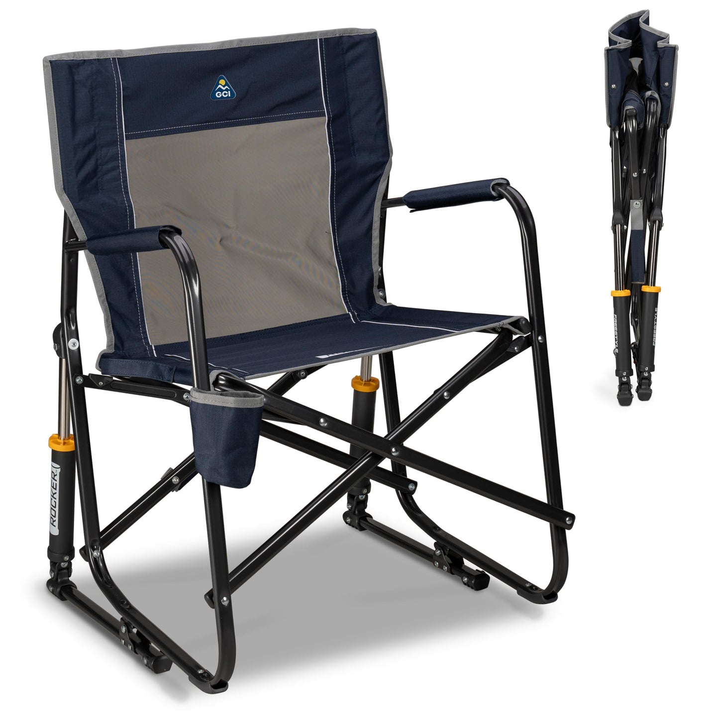 GCI Outdoor Freestyle Rocker Camping Chair | Portable Folding Rocking Chair with Solid, Durable Armrests, Drink Holder & Comfortable Backrest â Indigo Blue
