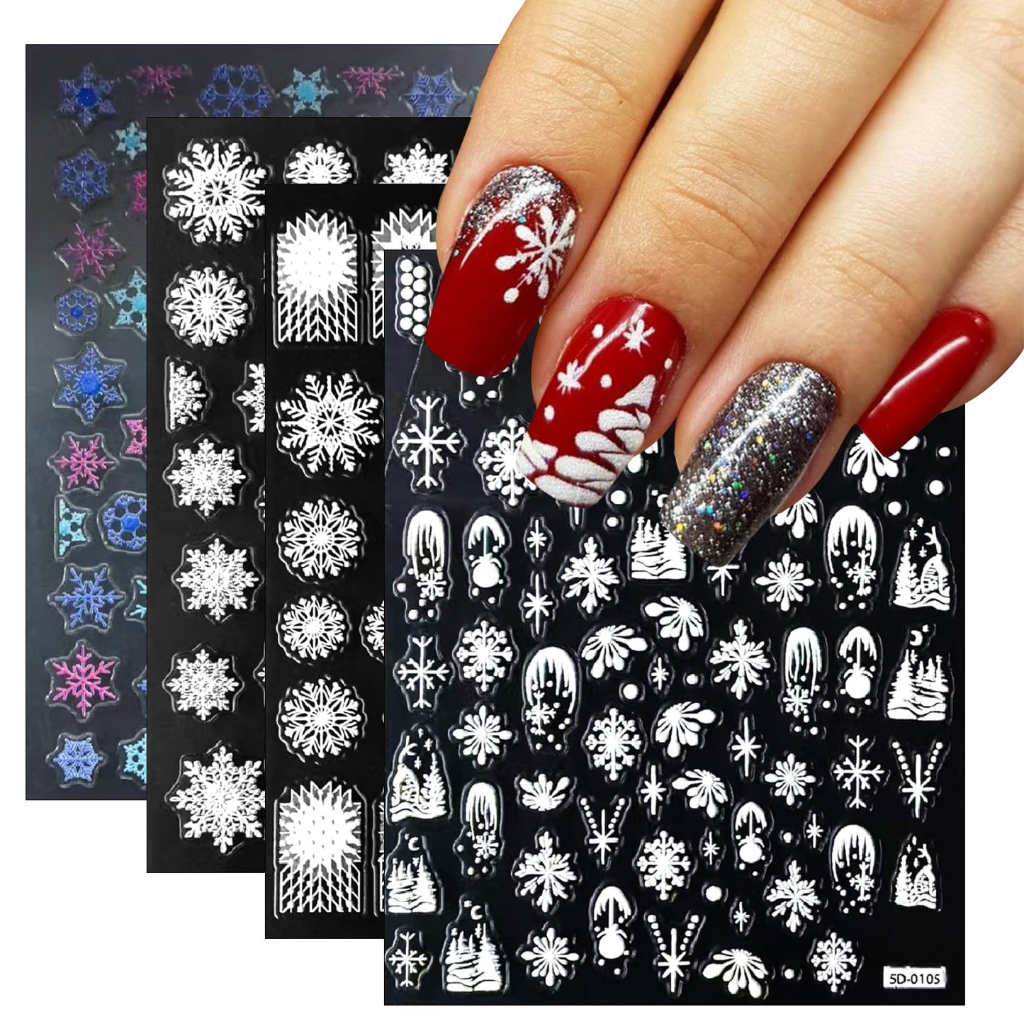4 Sheets 5D Snowflake Nail Art Stickers Color Snowflakes Nail Decals White Snow Cover Christmas Tree Design Self-Adhesive Pegatinas Uñas Xmas Nail Stickers Winter Nail Decals for Women Nails