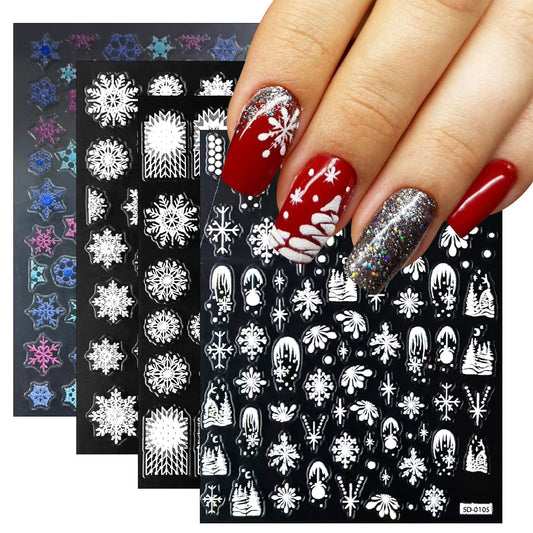 4 Sheets 5D Snowflake Nail Art Stickers Color Snowflakes Nail Decals White Snow Cover Christmas Tree Design Self-Adhesive Pegatinas Uñas Xmas Nail Stickers Winter Nail Decals for Women Nails
