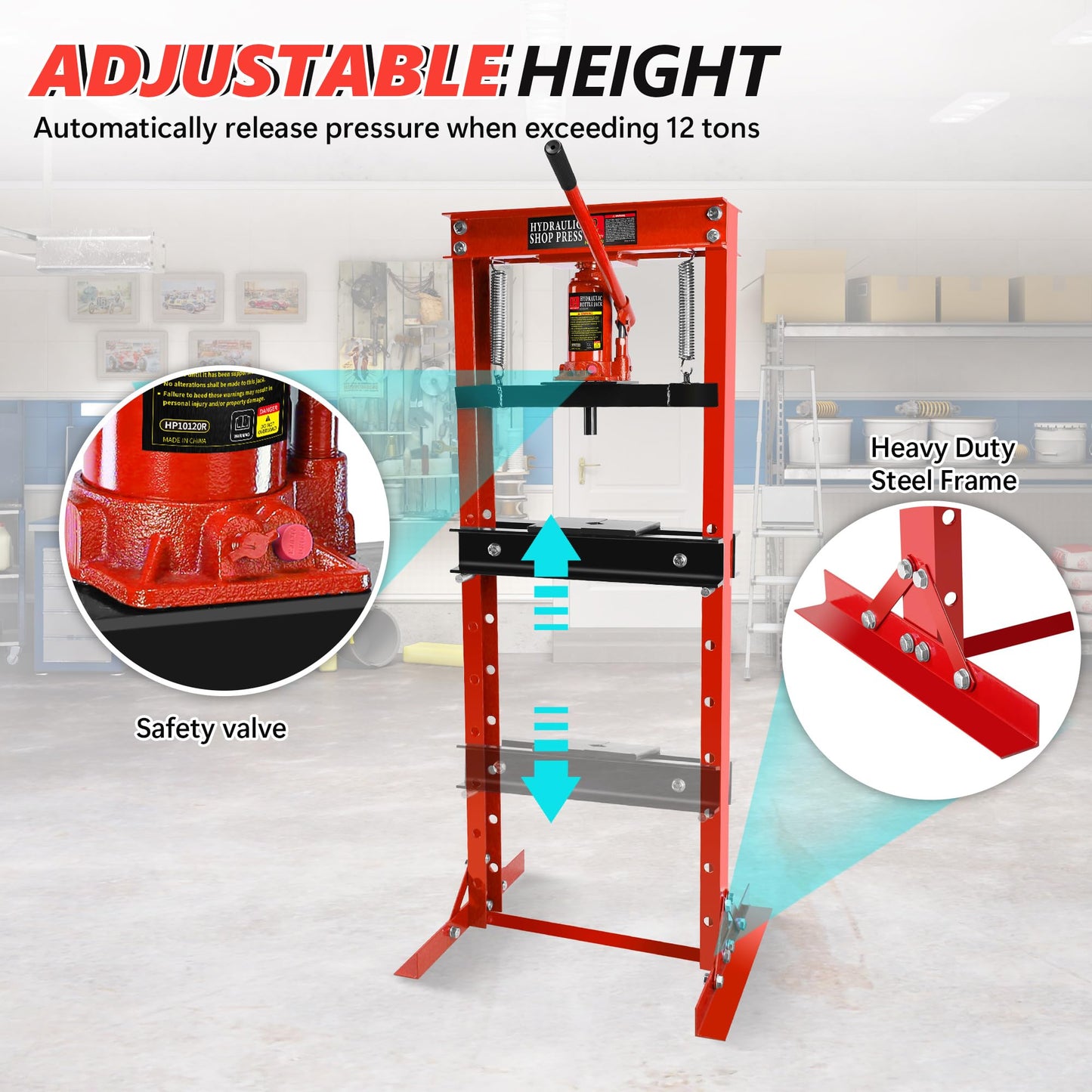 Hydraulic Shop Press,12 Ton H-Frame Garage Floor Adjustable Shop Bearing Press with Stamping Plates to Bend, Straighten, Or Press Parts, Install Bearings & U-Joints