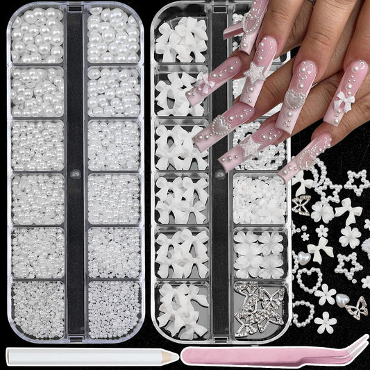 SEMATA White Flatback Nail Art Pearls Charms White Flower Bow Nail Gems Jewelry Mixed Size Nails Pearls Stone Moon Heart Stars Nails Art Accessories Decoration Design for Women
