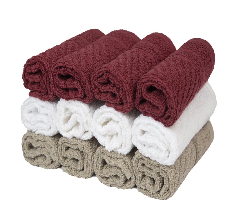PH Pleasant Home Diagonal Wash Cloths Set - 12 Pack (12” x 12”) – 509 GSM - 100% Ring Spun Cotton Wash Cloth - Super Soft and Highly Absorbent Face Towels (Maroon, White & Tan)